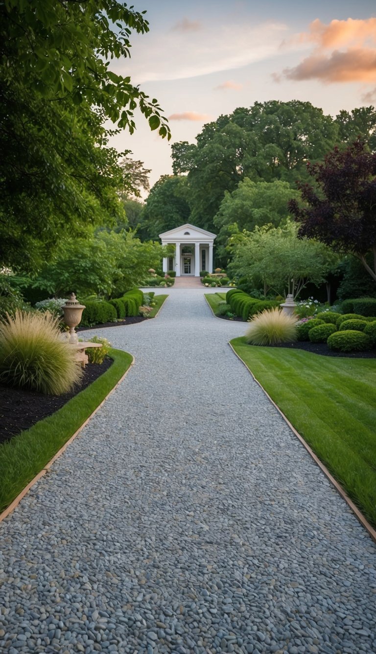 A gravel pathway winds through lush greenery, leading to a grand driveway entryway