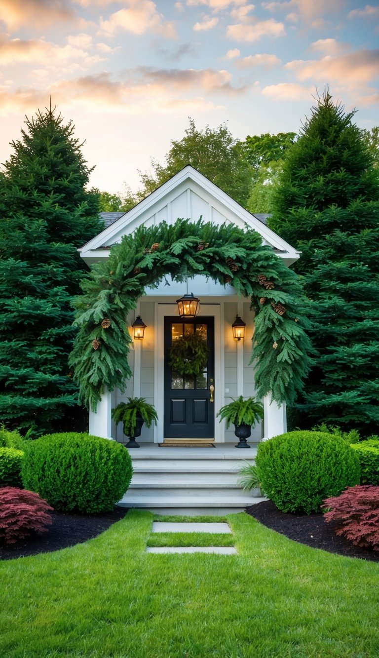 A lush evergreen backdrop frames 25 front entry landscaping ideas