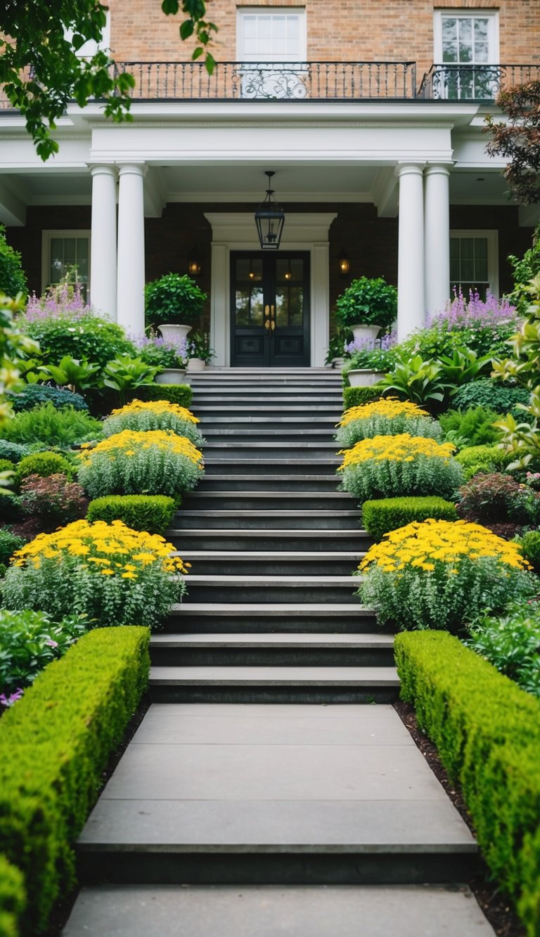 A tiered garden with lush greenery and colorful flowers leading up to a grand front entryway