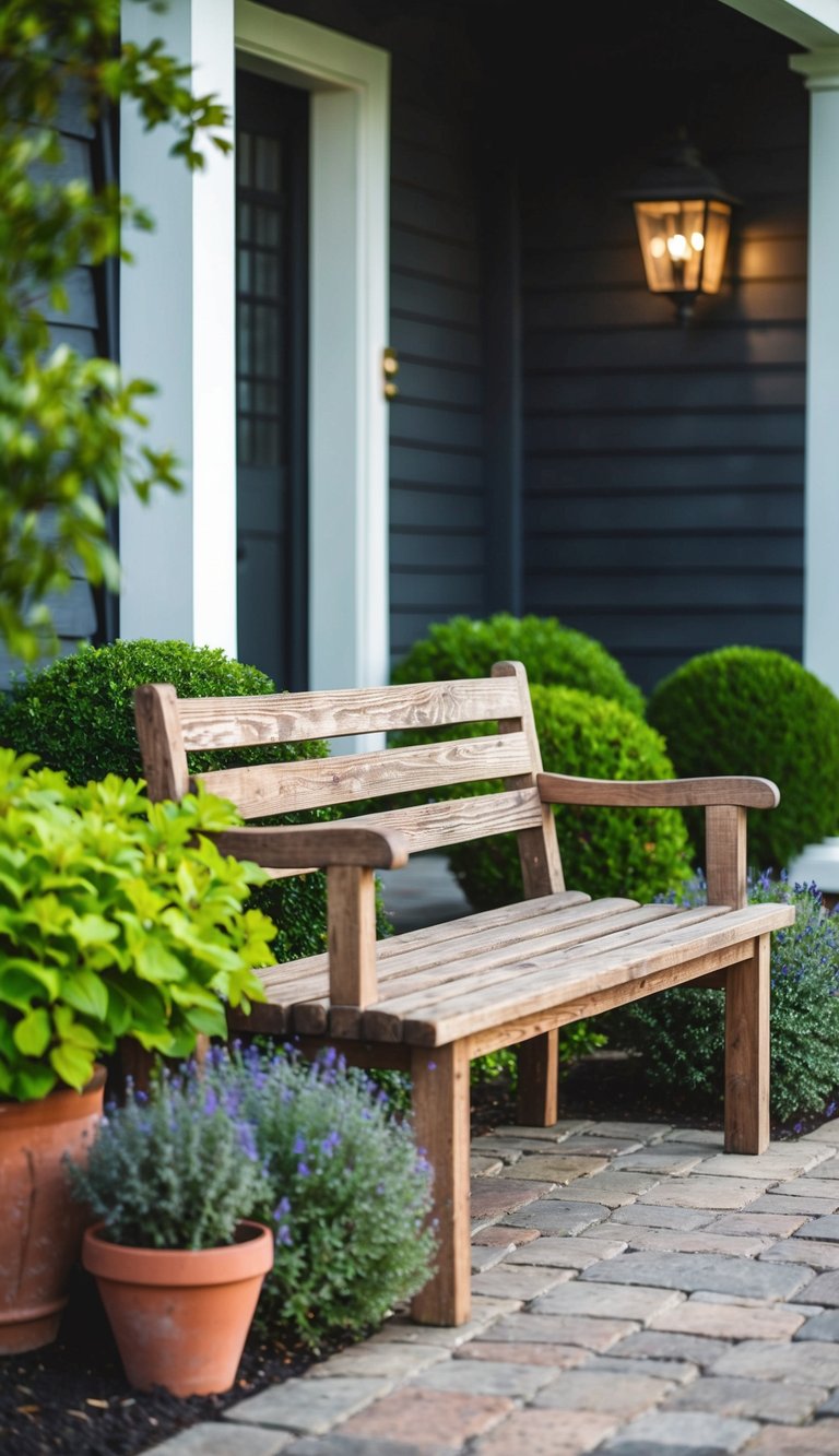 A rustic wooden bench surrounded by 25 front entry landscaping ideas