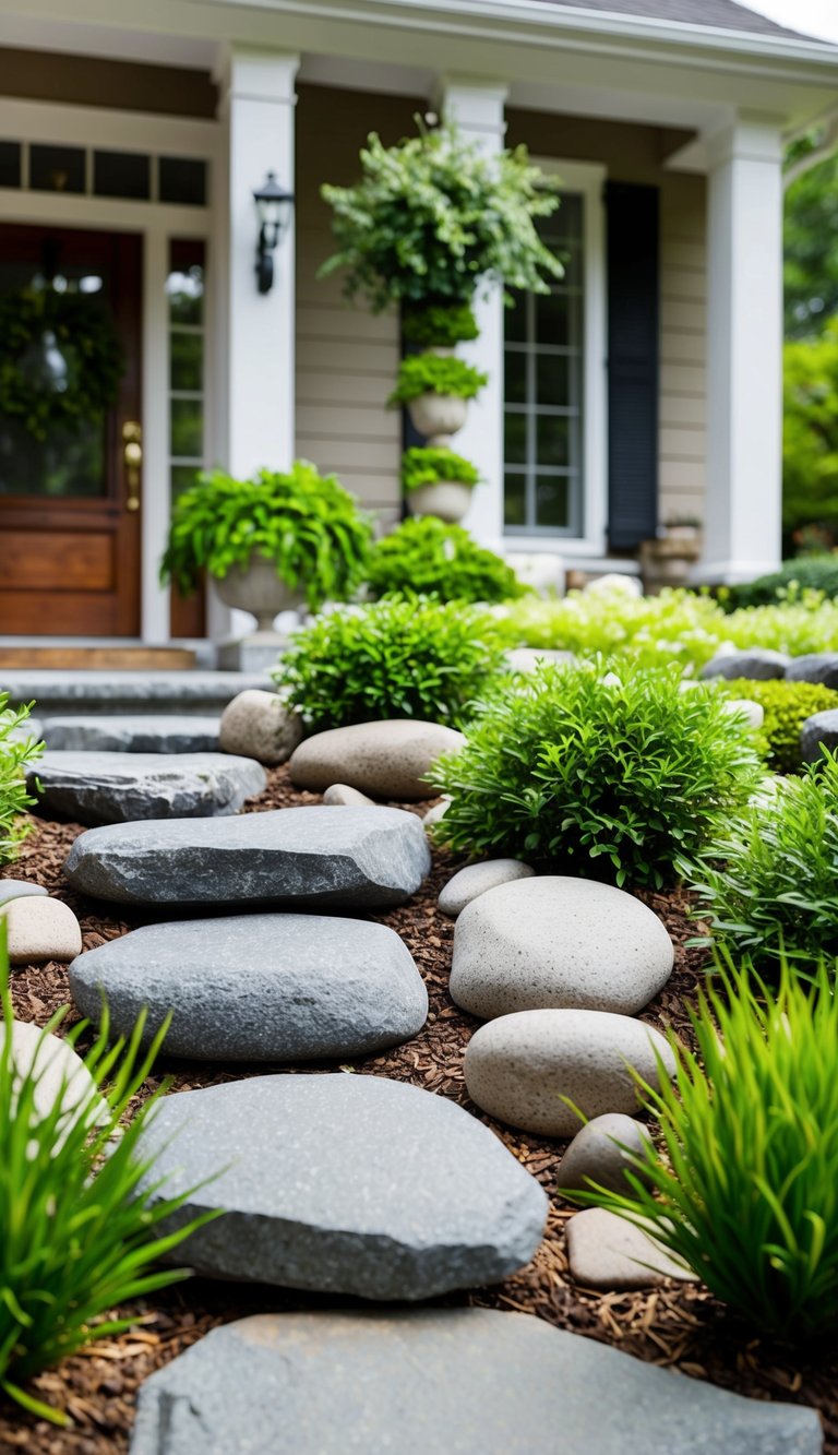 A serene rock garden with carefully placed stones and lush greenery adorning the front entry of a home