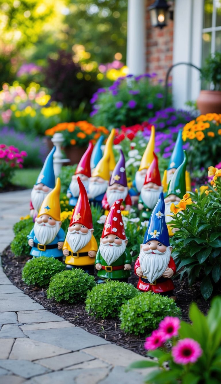 A colorful array of whimsical garden gnomes adorns a lush front garden, surrounded by vibrant flowers and winding pathways