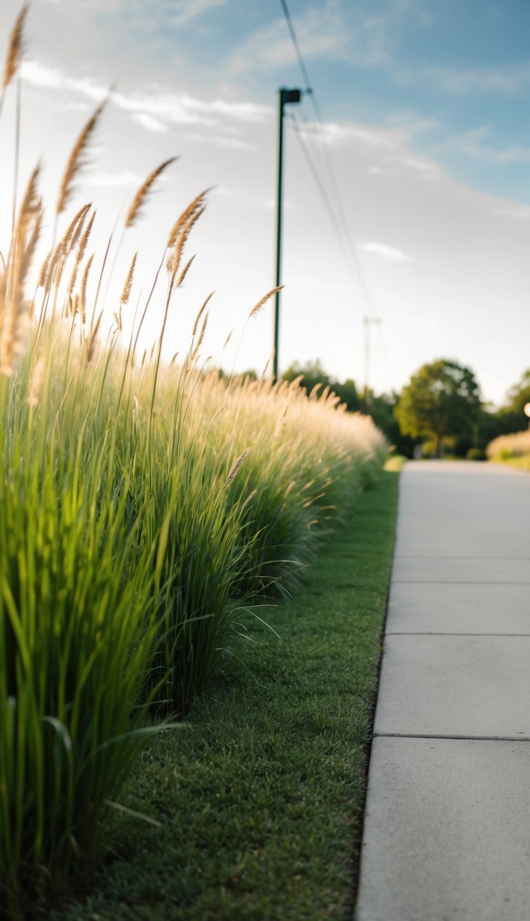 Tall grasses line the driveway, swaying in the breeze, creating a natural and inviting entryway