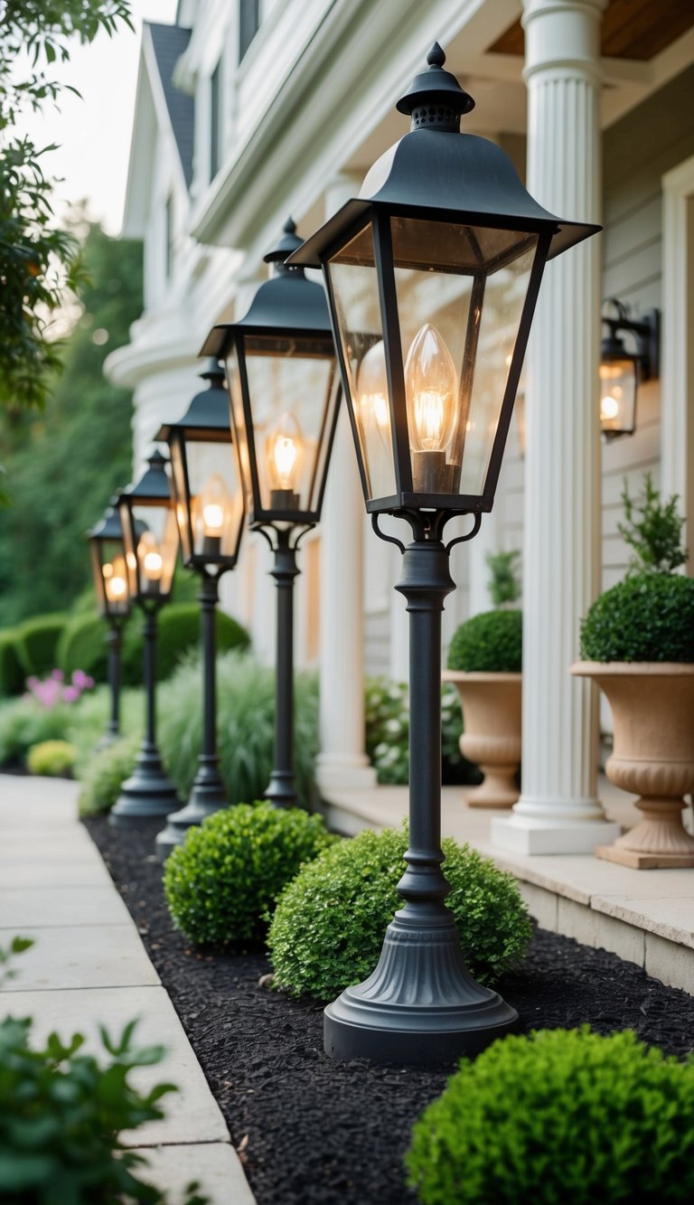 A row of vintage iron lanterns illuminates a charming front entryway surrounded by carefully designed landscaping