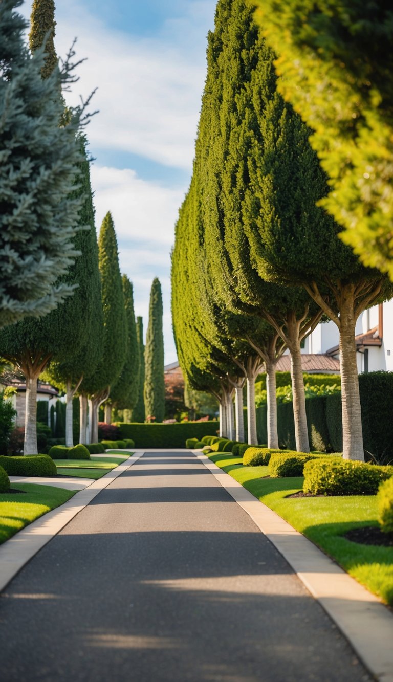 A driveway lined with ornamental trees, creating a picturesque entryway landscaping idea