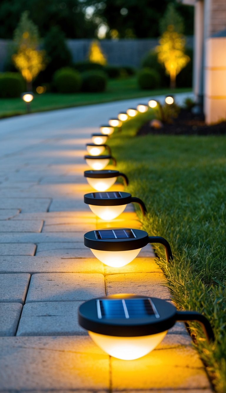 Solar path lights line a winding driveway, illuminating the landscaped entry with soft, ambient light