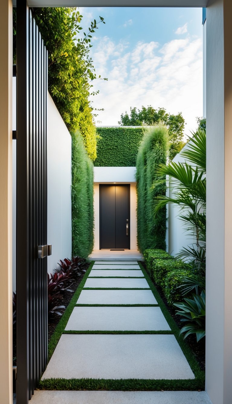 A modern front entry with vertical garden walls and lush landscaping