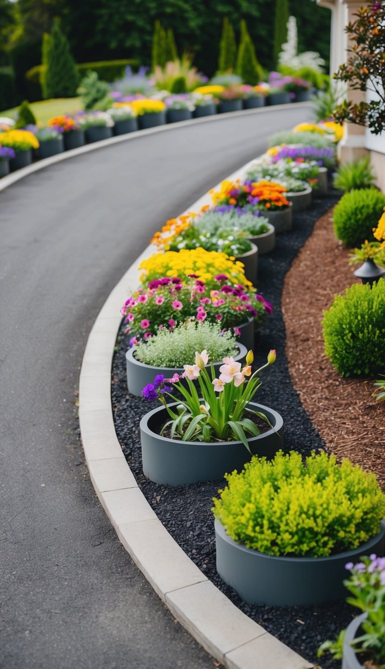 A curved driveway with 27 planting pockets, filled with a variety of colorful flowers and greenery, creating a welcoming and vibrant entryway landscape