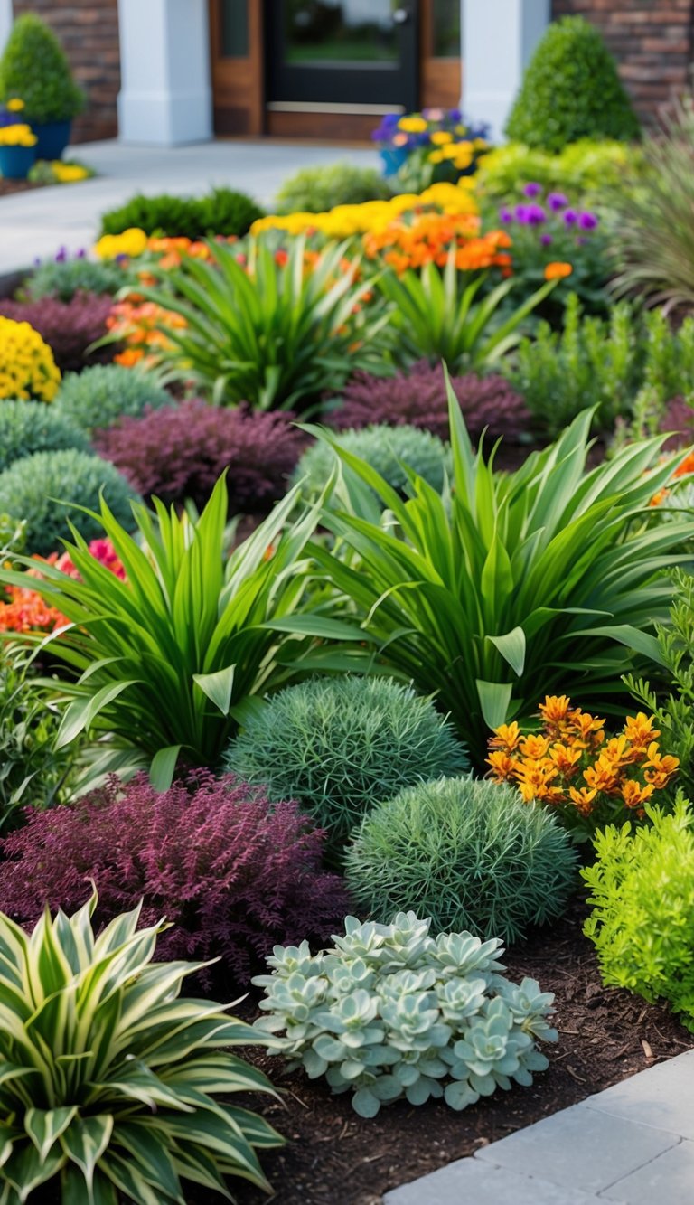 A colorful array of native plants arranged in various patterns, creating a vibrant and welcoming front entry landscaping design
