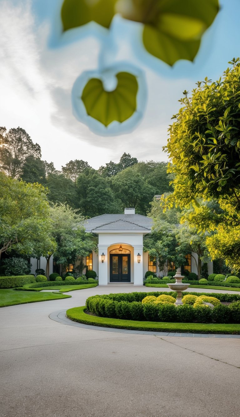 A circular driveway with lush landscaping and a focal point at the entryway
