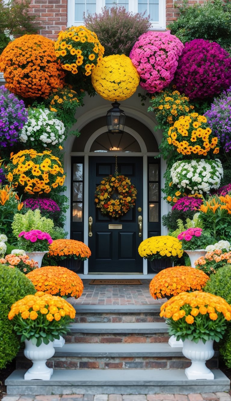 A colorful array of seasonal flowers arranged in various patterns and designs, creating a vibrant and inviting front entry landscape