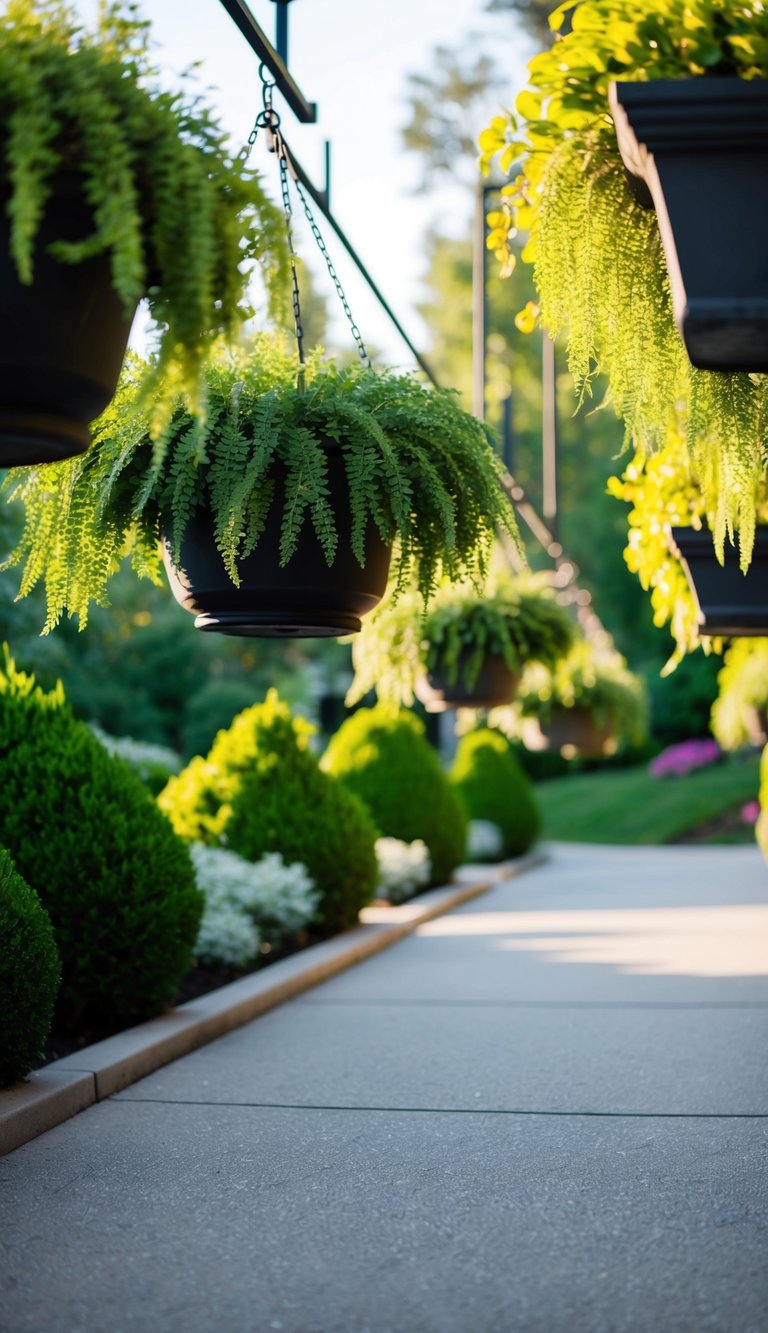 Lush green plants in hanging planters line the driveway entry, adding a touch of natural beauty to the landscaping