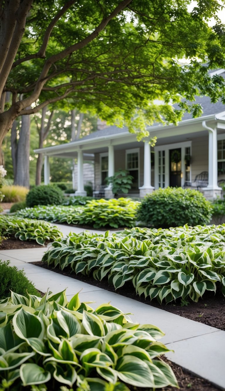 A lush hosta border thrives beneath a canopy of trees, creating a serene and inviting landscape for the front entryway