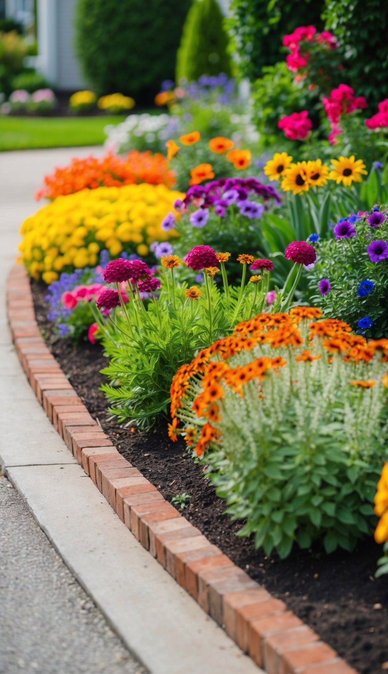 Colorful annual flowers fill garden beds along the driveway entry, creating a vibrant and welcoming landscaping idea