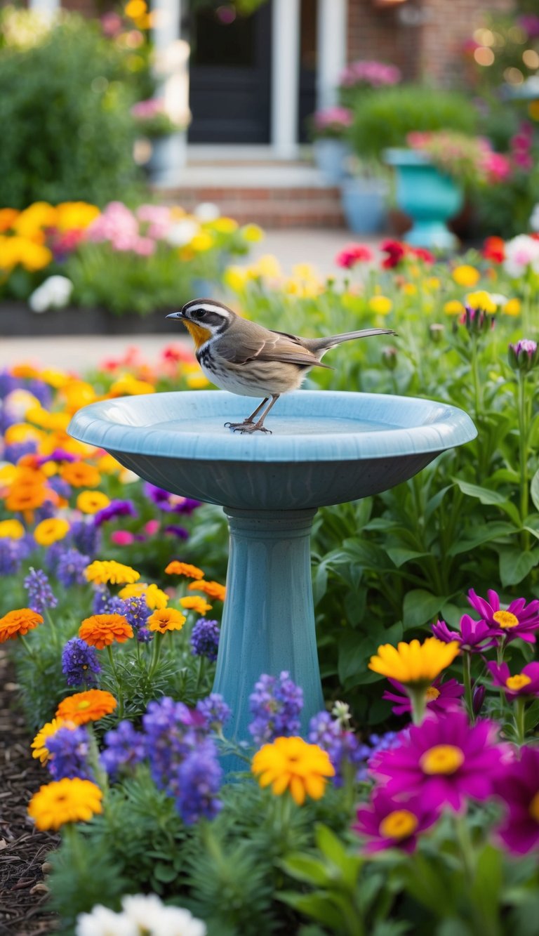 A birdbath sits amidst a colorful array of flowers in a front yard garden