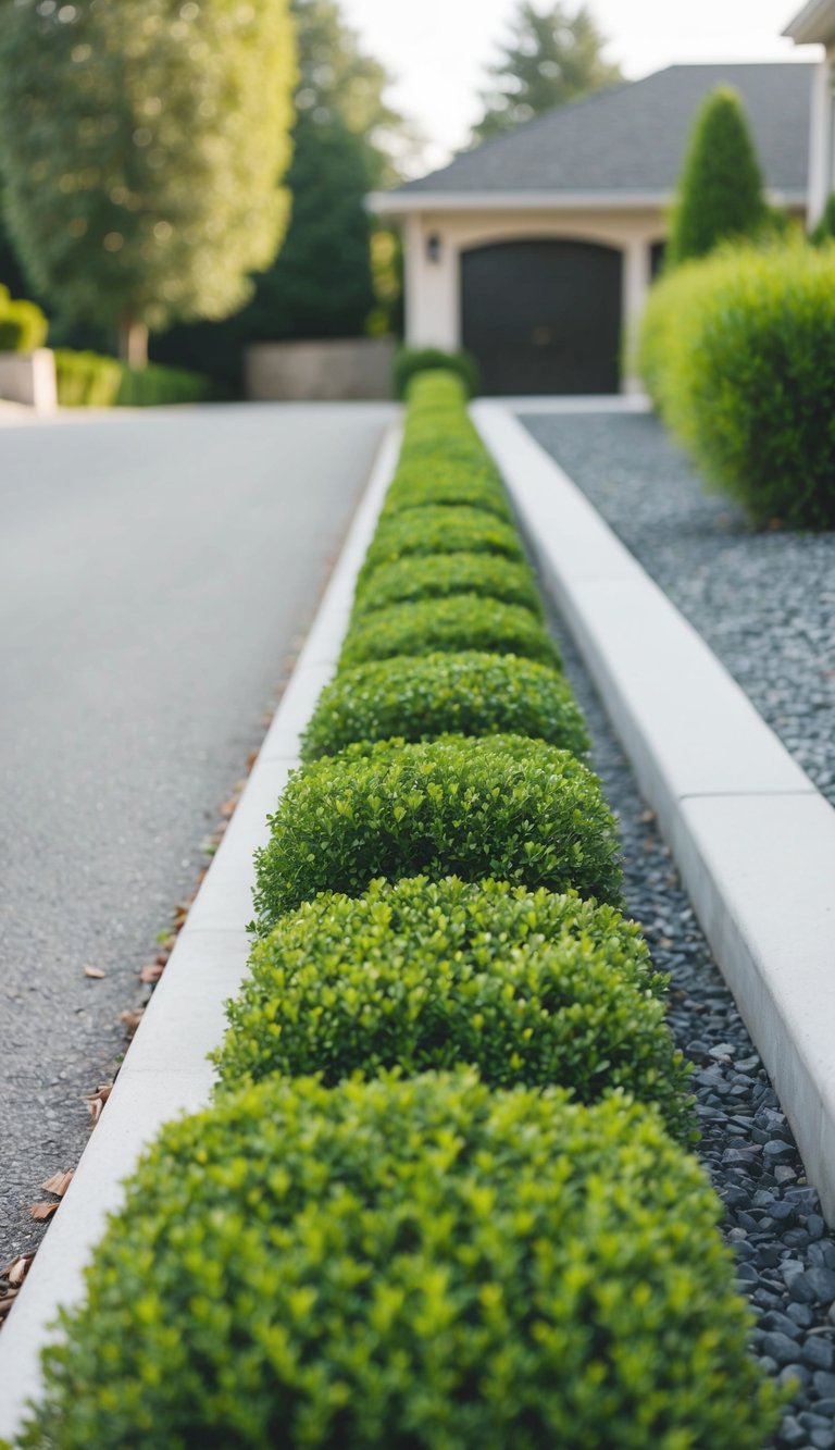 A border of low hedges lines the driveway entry, with carefully placed landscaping ideas adding visual interest