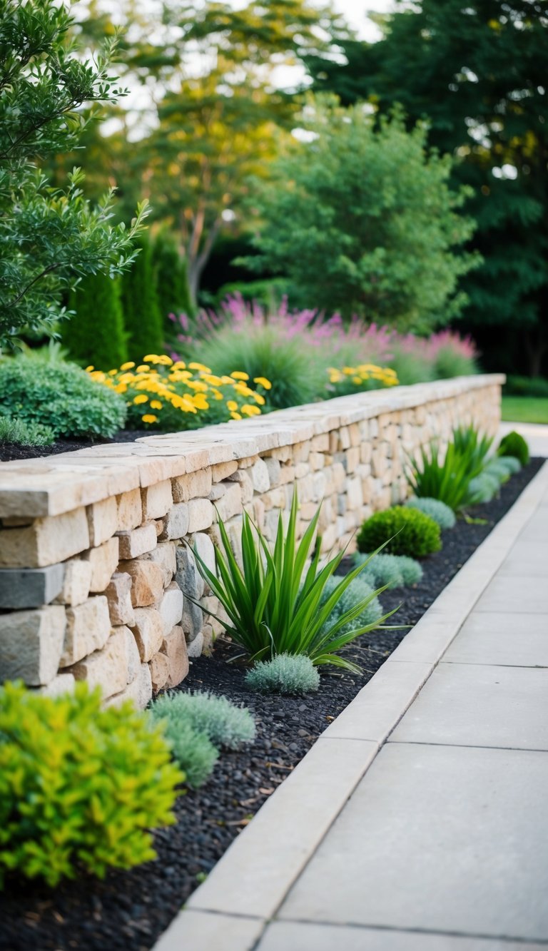 A rustic stone wall lines the driveway entry, with lush landscaping featuring native plants and flowers