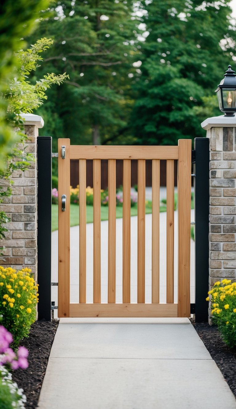 A wooden gate installed at the entry of a driveway, surrounded by landscaped greenery and flowers