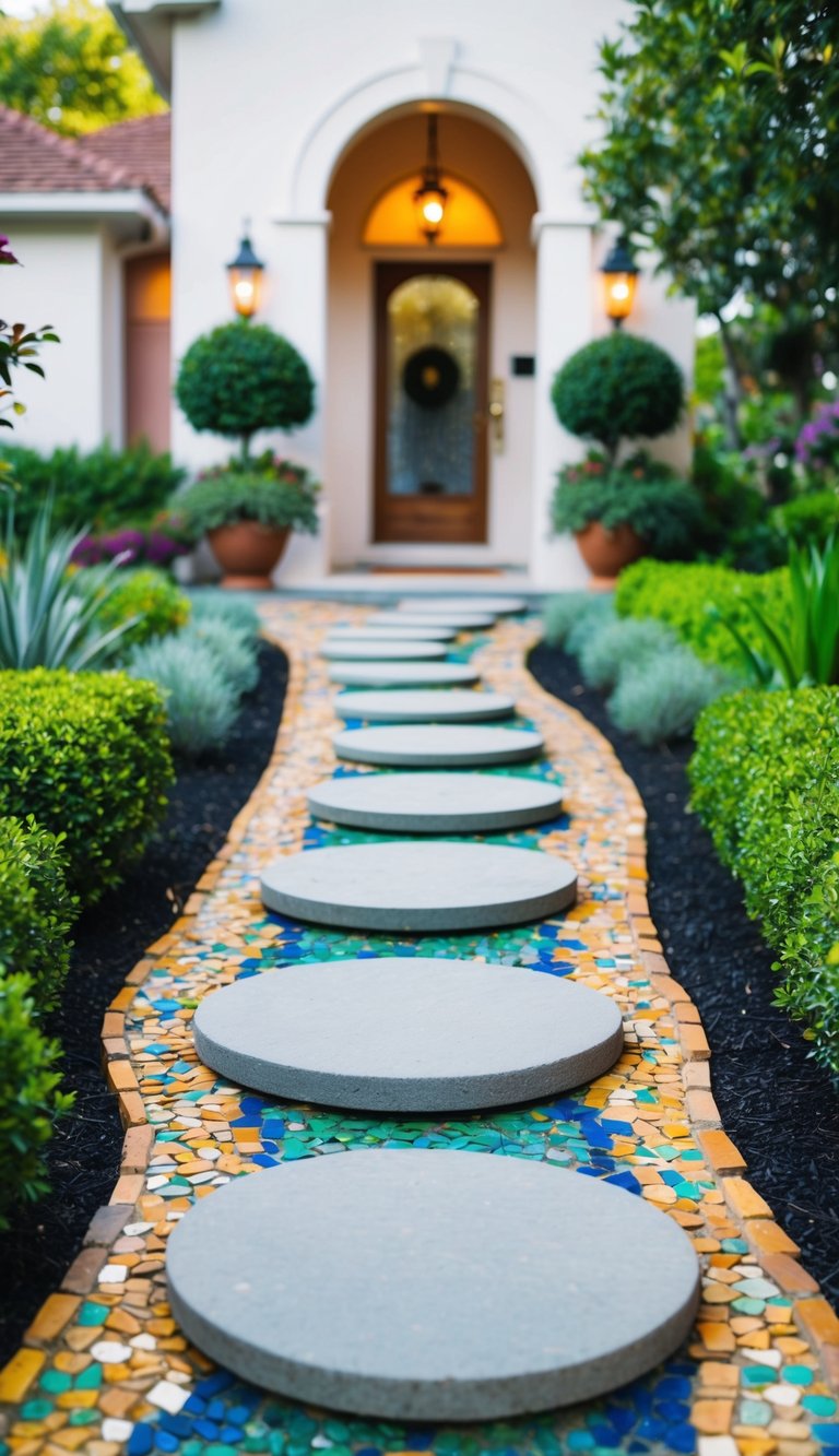 A pathway of stepping stones winding through a vibrant mosaic garden, leading to a front entry surrounded by lush landscaping