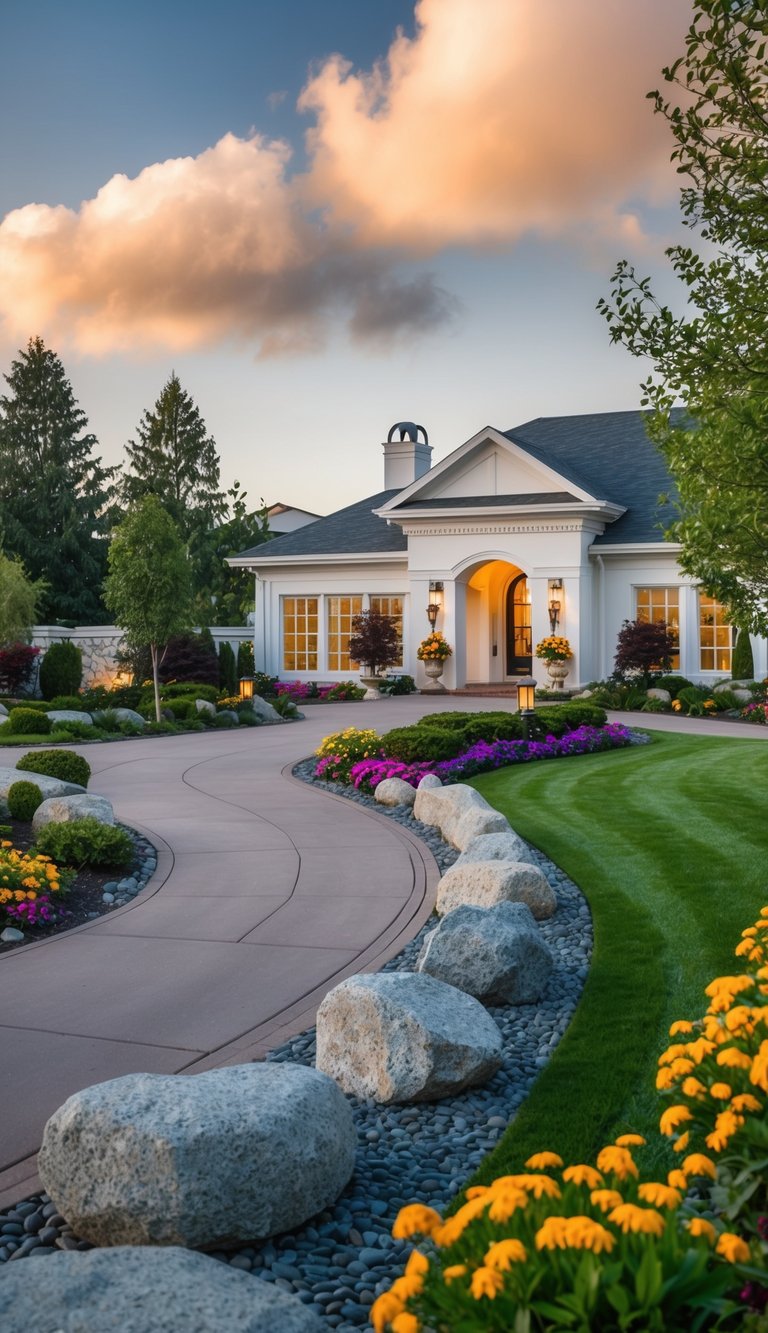 A winding driveway lined with decorative boulders leading to a grand entrance, surrounded by lush landscaping and vibrant flowers
