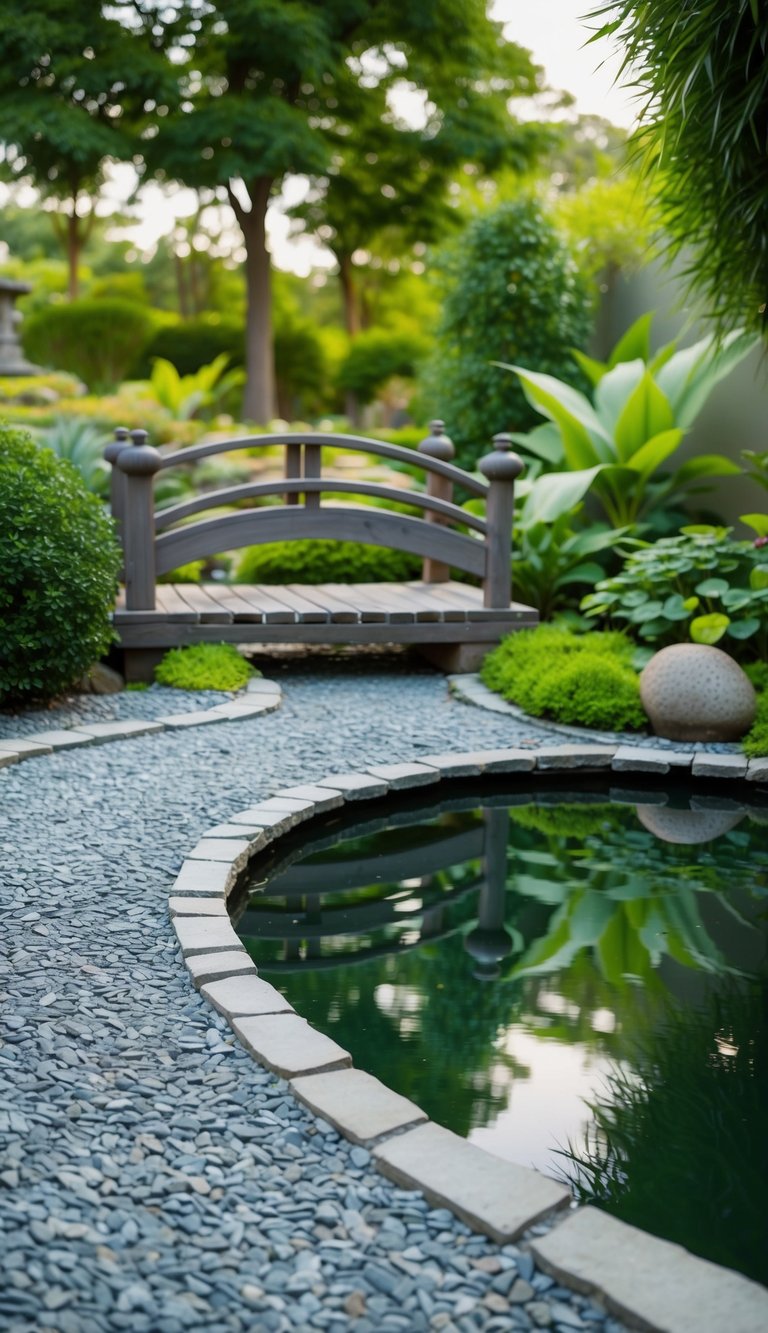 A serene Zen garden with carefully raked gravel, a small bridge over a tranquil pond, and lush greenery surrounding the meditation spot