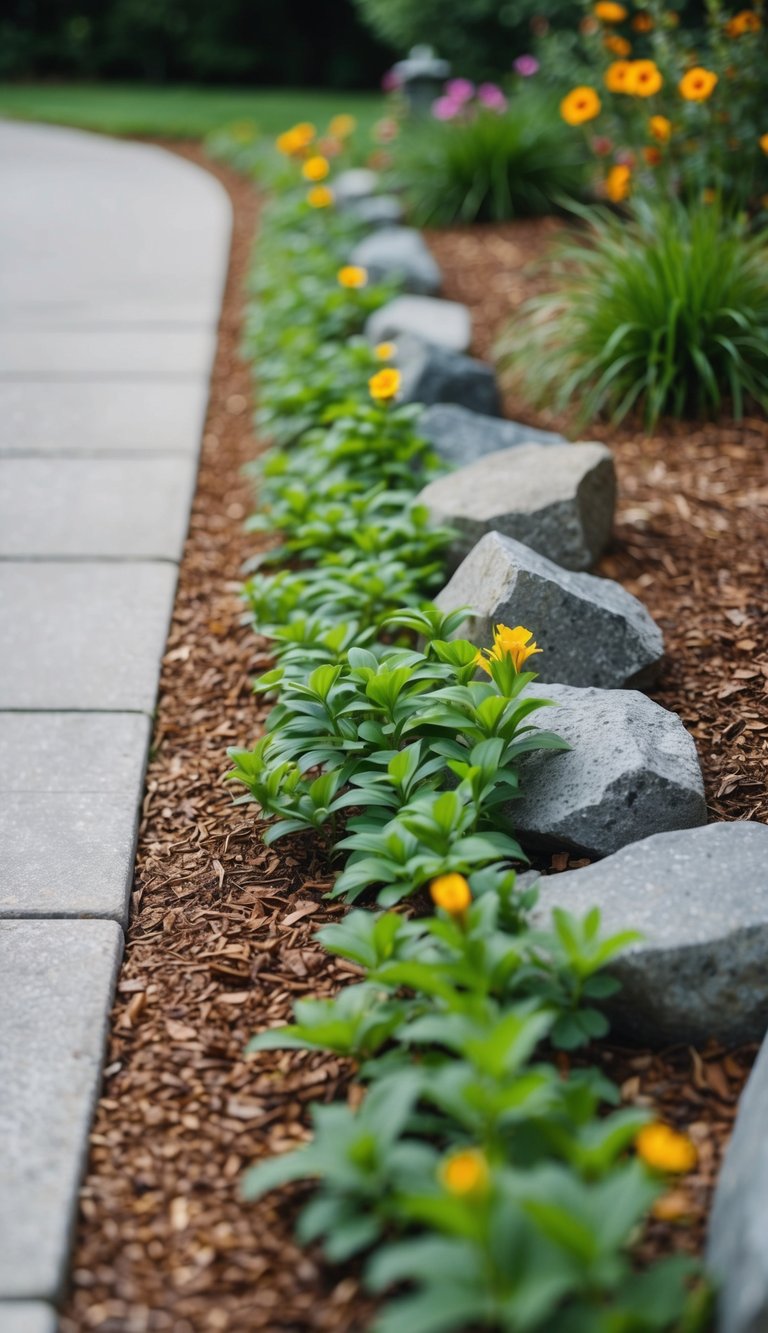 Creeping plants border a driveway entry, intertwining with rocks and flowers