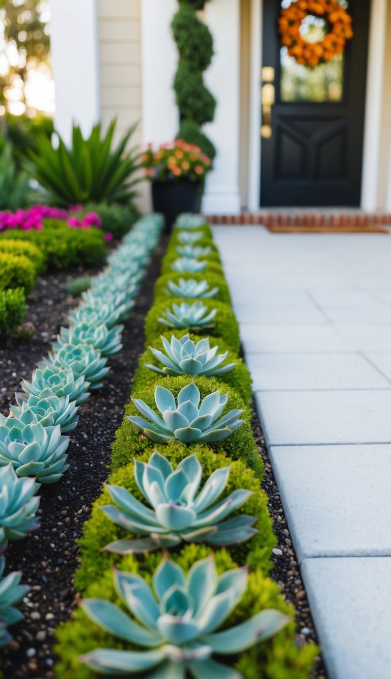 A vibrant succulent border lines the walkway, leading to a welcoming front entry with 25 landscaping ideas on display