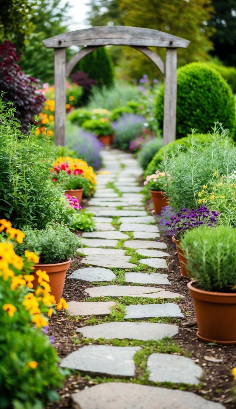 A stone path winds through a lush herb garden, flanked by colorful flowers and neatly trimmed bushes. A rustic wooden archway marks the entrance, with pots of fragrant herbs lining the pathway