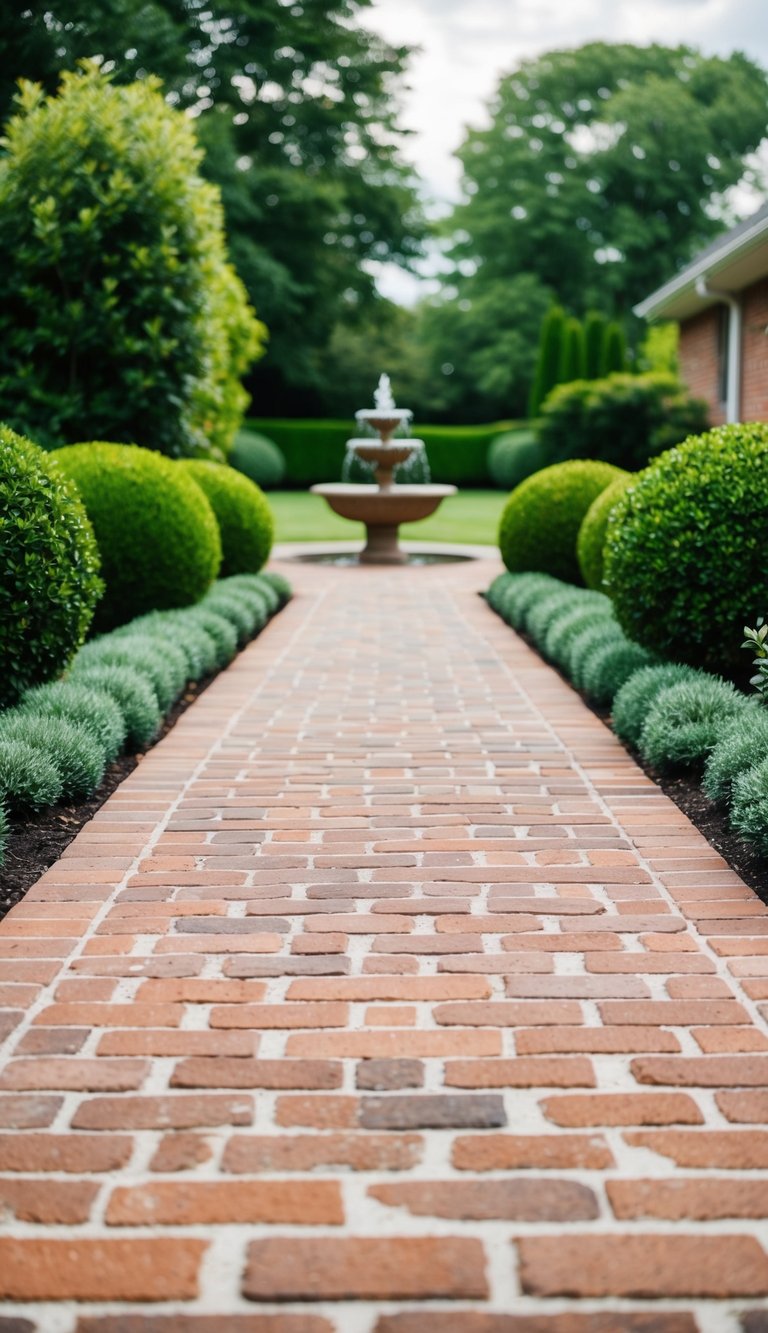 A brick-lined driveway flanked by manicured bushes and a small fountain for a classic landscaping look
