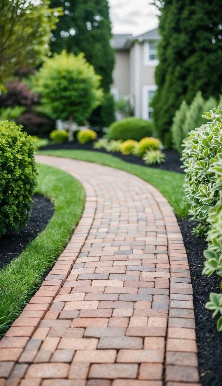 A brick pathway winds through a front yard, bordered by neatly trimmed landscaping