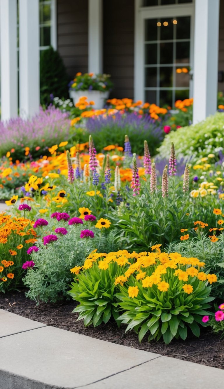 A colorful array of perennial wildflowers adorning the front entry landscaping, creating a vibrant and inviting display