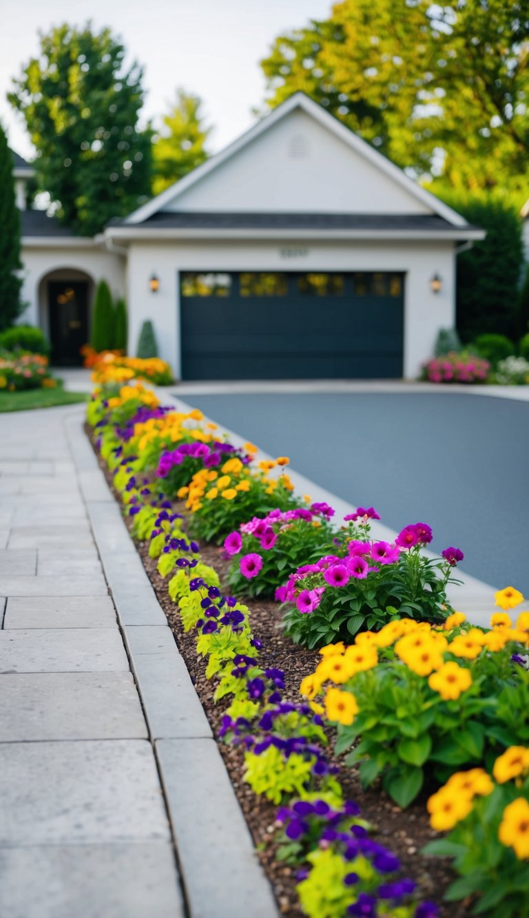 A flower bed lines the driveway entry, with colorful blooms and lush greenery creating a welcoming and vibrant landscaping idea