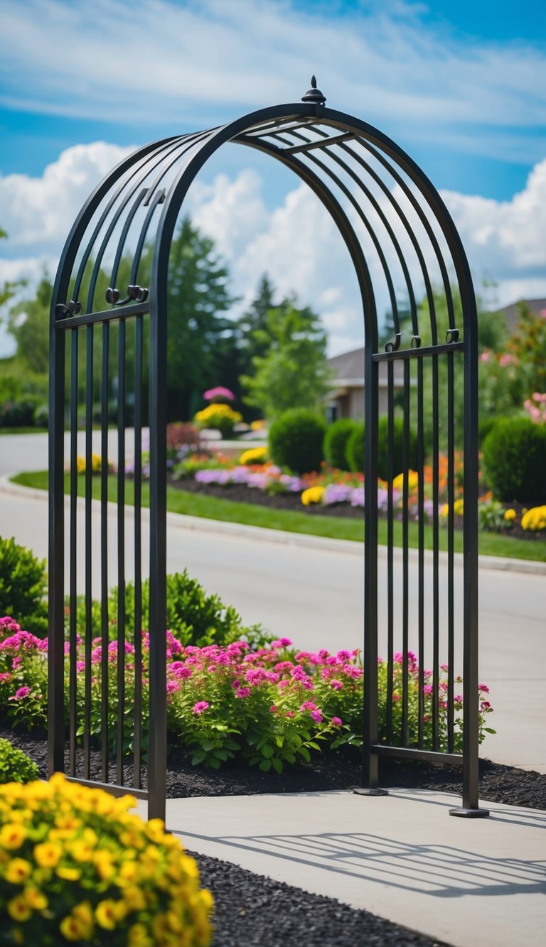 A wrought iron arch stands at the entrance of a driveway, surrounded by lush landscaping and colorful flowers