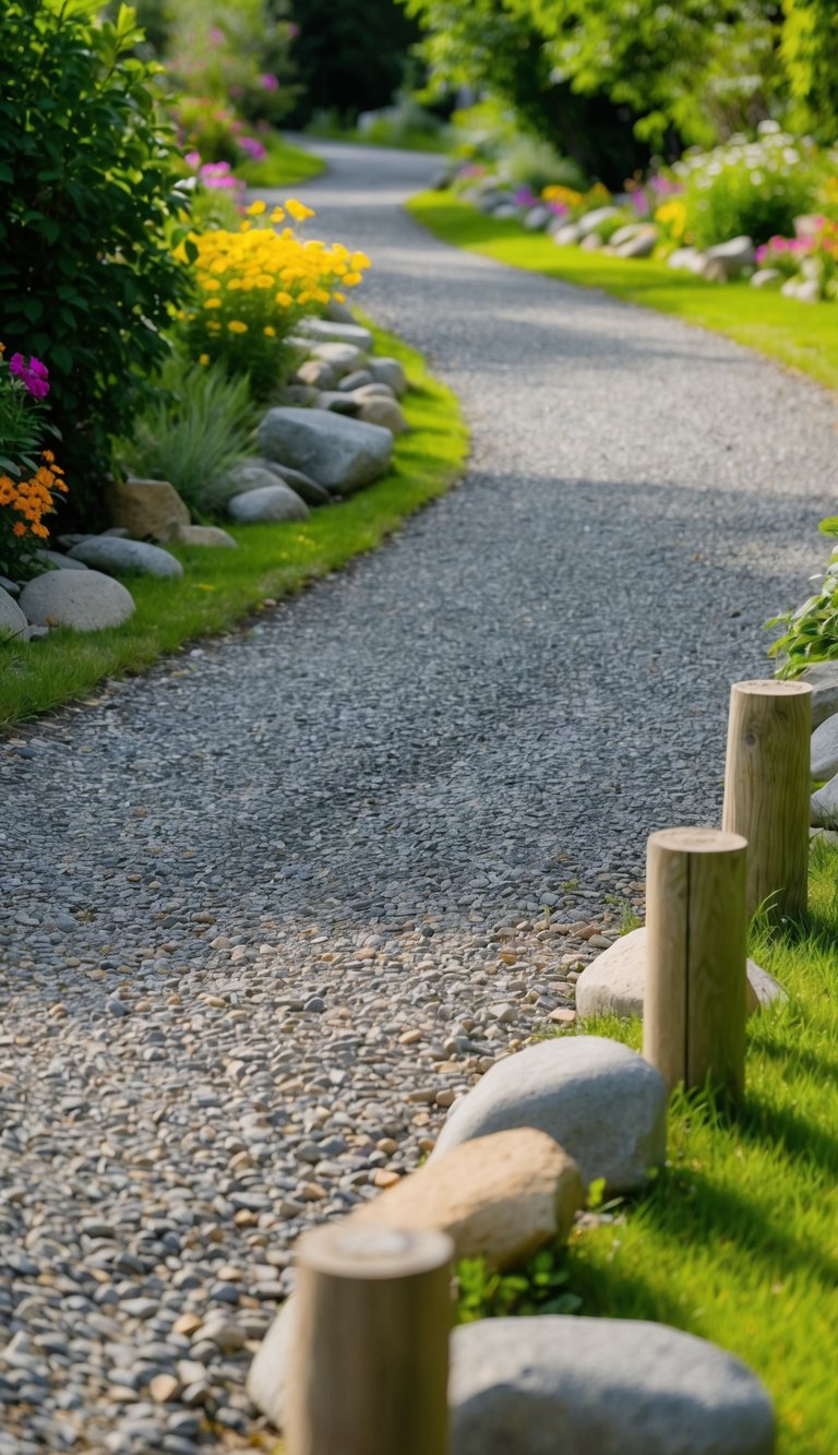 A gravel driveway winds through lush greenery and colorful flowers, bordered by smooth river rocks and rough-hewn wooden posts