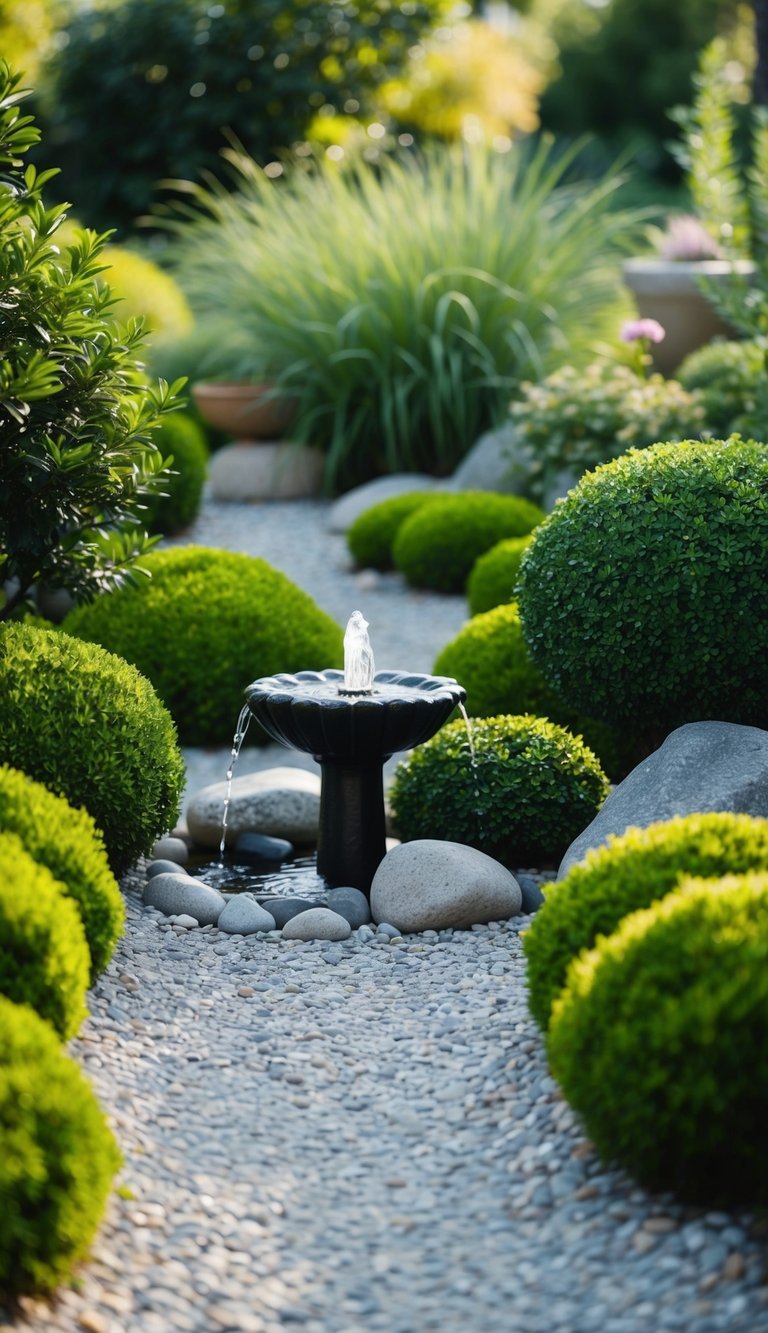 A serene zen garden with gravel paths, neatly trimmed shrubs, and a small rock fountain, surrounded by lush greenery and carefully placed stones