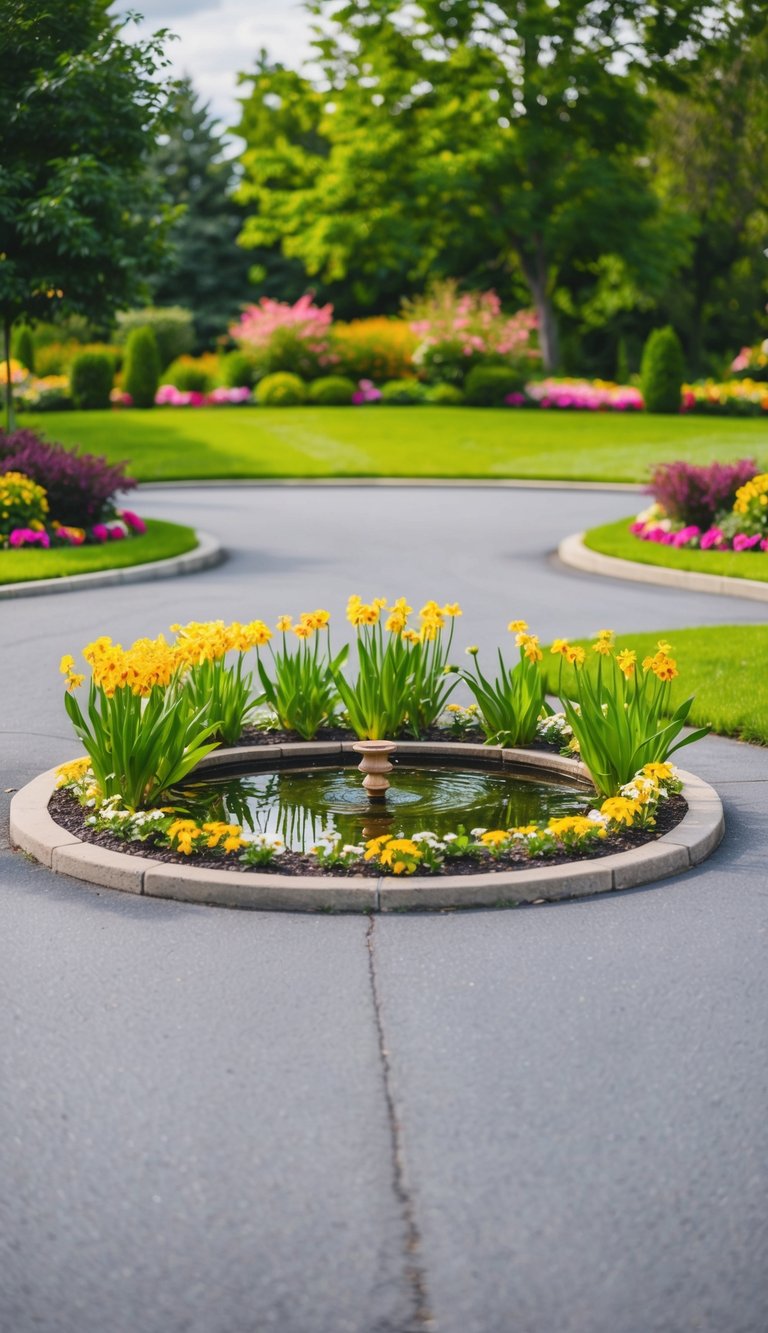 A small pond sits at the center of a circular driveway, surrounded by lush landscaping and colorful flowers