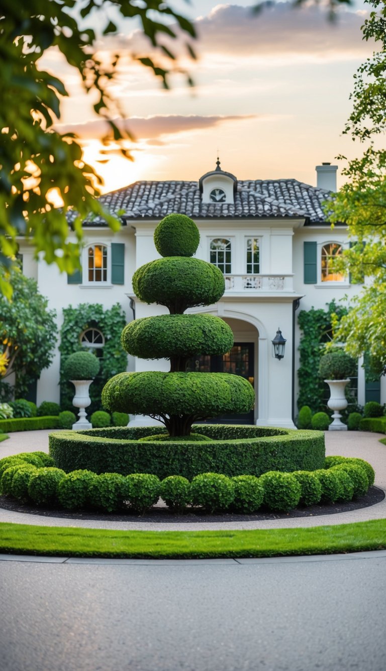 A sculpted topiary adorns a grand driveway entry, surrounded by lush landscaping