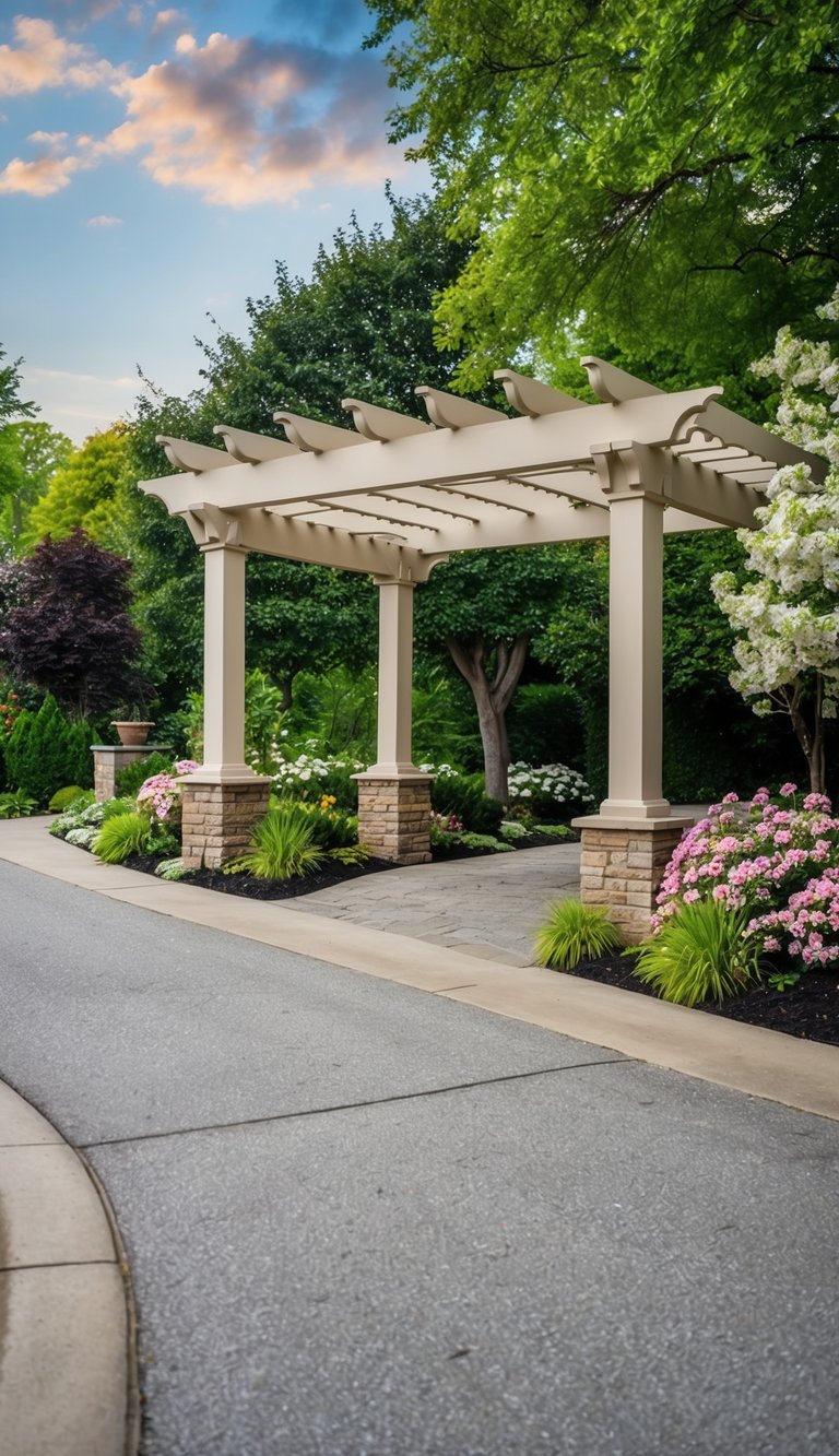 A pergola stands at the entrance of a driveway, surrounded by lush landscaping and blooming flowers