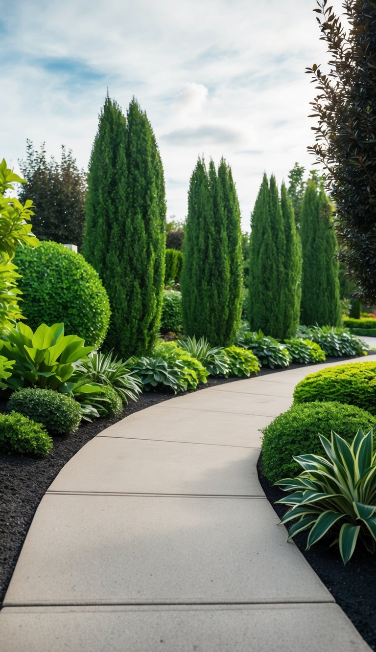 Lush greenery of varying heights lines the driveway, with taller plants in the back and shorter ones in the front, creating a layered and dynamic landscaping design