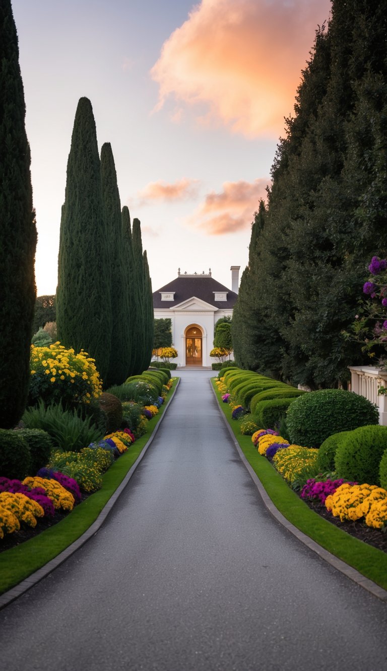 A winding driveway flanked by lush gardens, ornamental trees, and colorful flowers leading up to a grand entrance