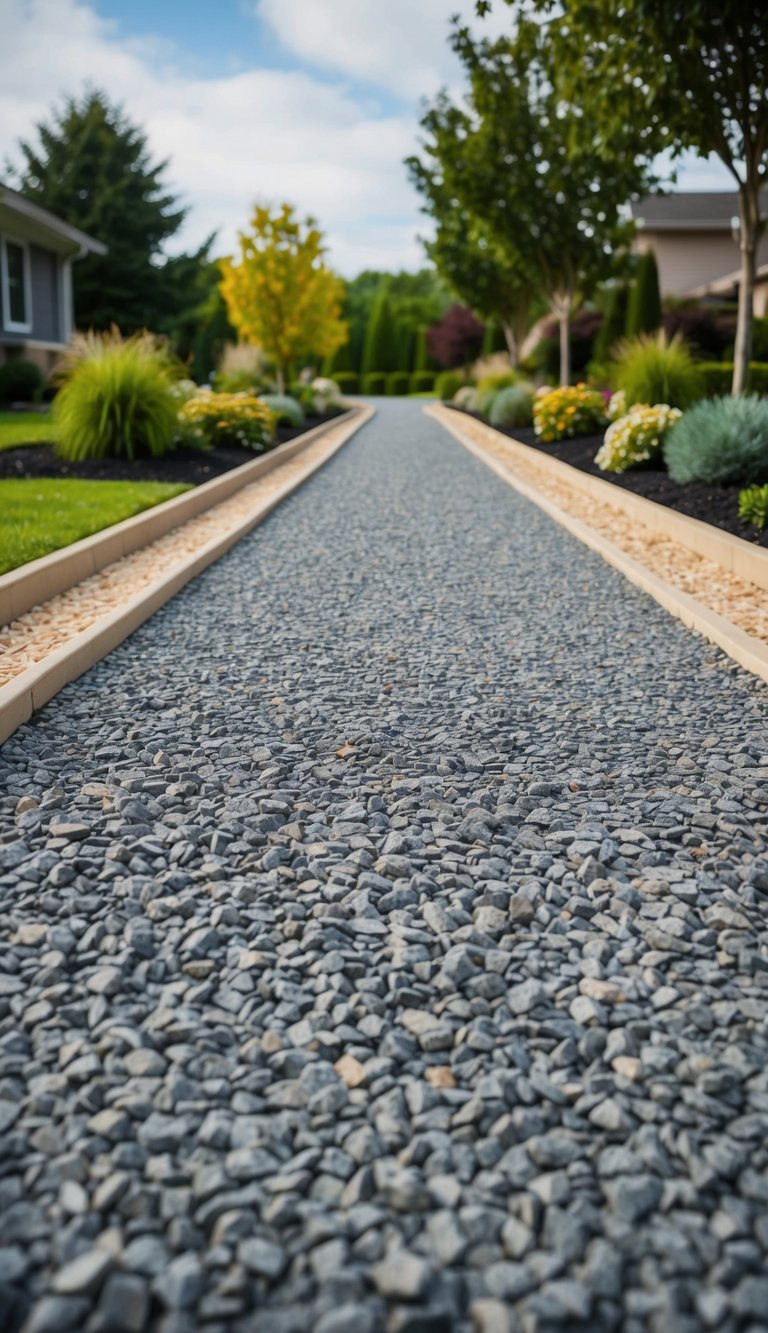 A long driveway lined with decorative gravel edging, surrounded by various landscaping ideas