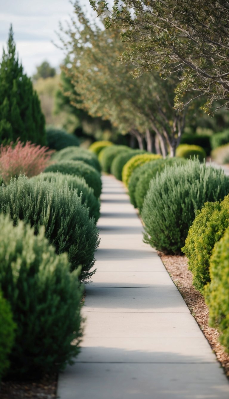 Native shrubs line a long driveway, creating a natural and inviting landscape
