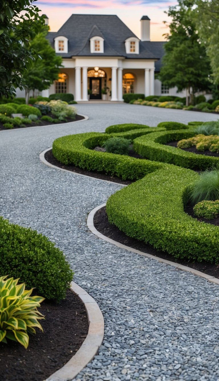 A winding gravel path curves through lush landscaping, leading to a grand driveway entrance