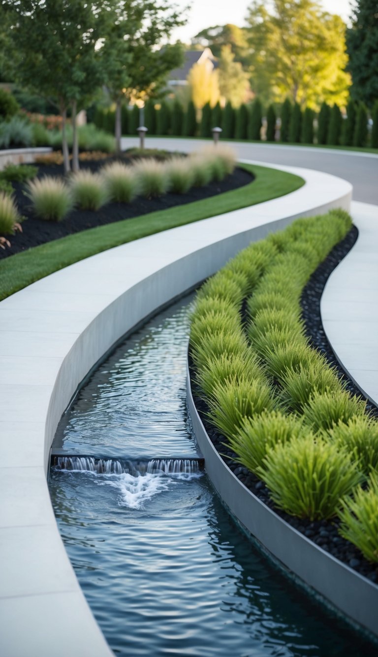 A sleek, contemporary water feature flows alongside a winding driveway, surrounded by carefully planned landscaping