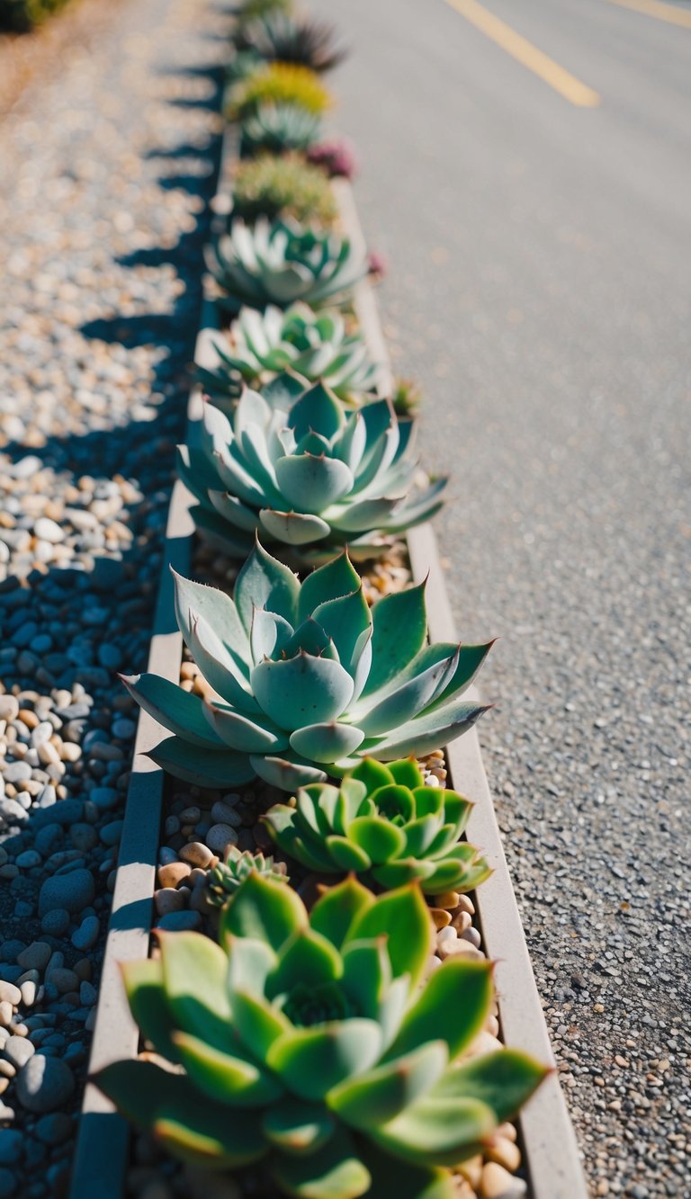 A row of succulents lining a long driveway, varying in size and color, with pebbles and gravel creating a low-maintenance landscape