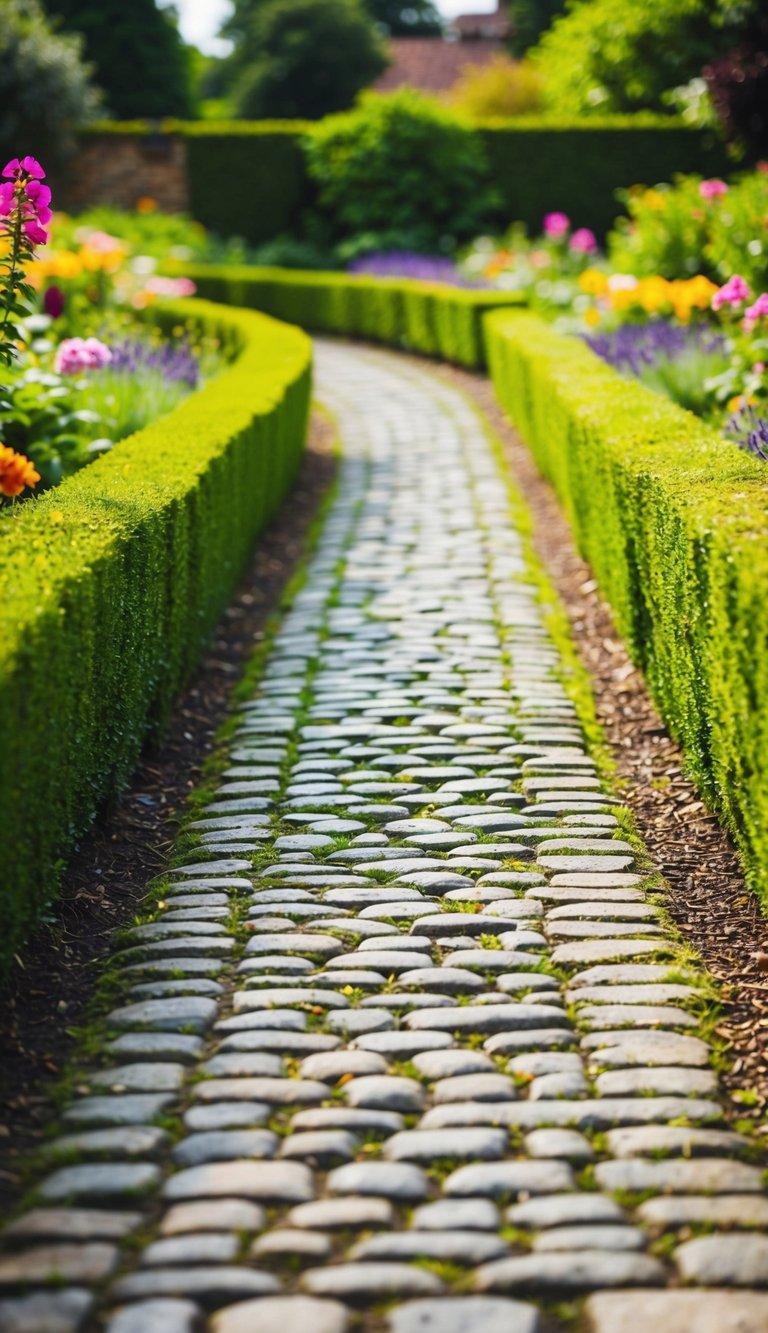 A winding cobblestone pathway stretches 21 feet through a lush garden, bordered by vibrant flowers and neatly trimmed hedges