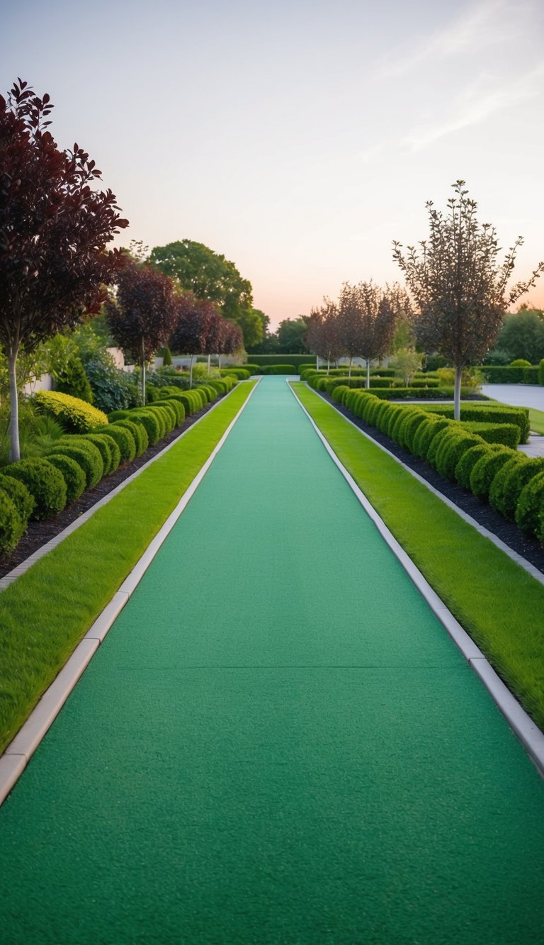 A long driveway lined with vibrant green turf and bordered by lush landscaping