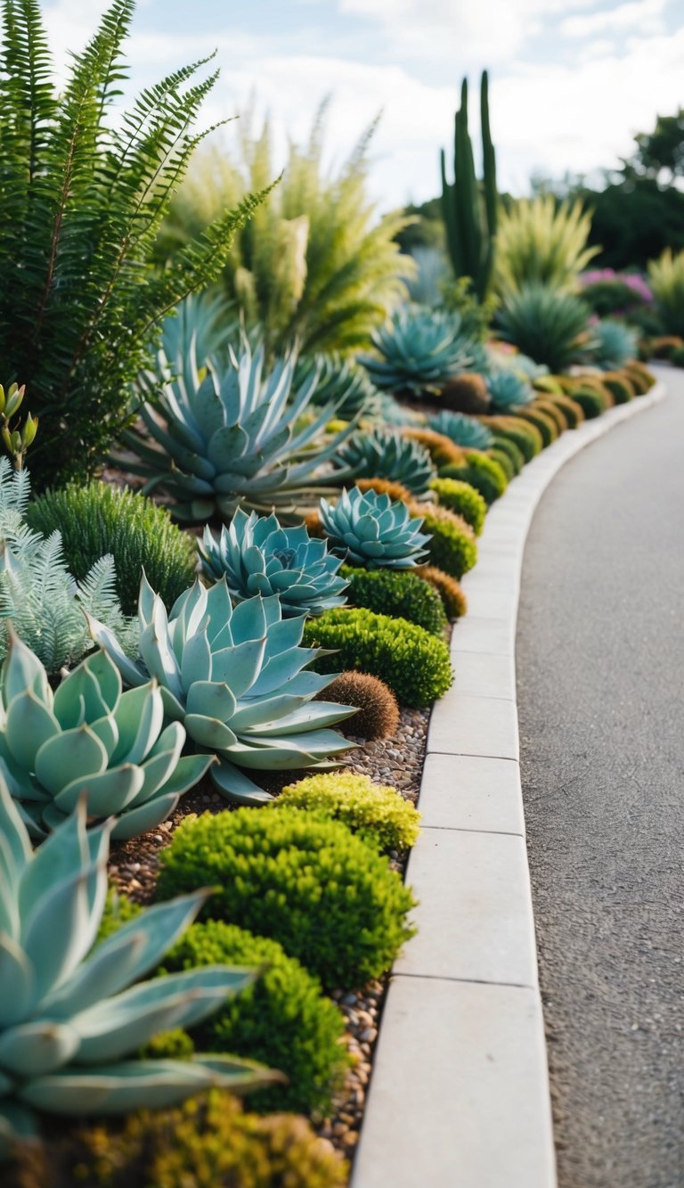 A winding driveway lined with a mix of spiky succulents, feathery ferns, and broad-leafed shrubs creates a textured and visually dynamic landscape
