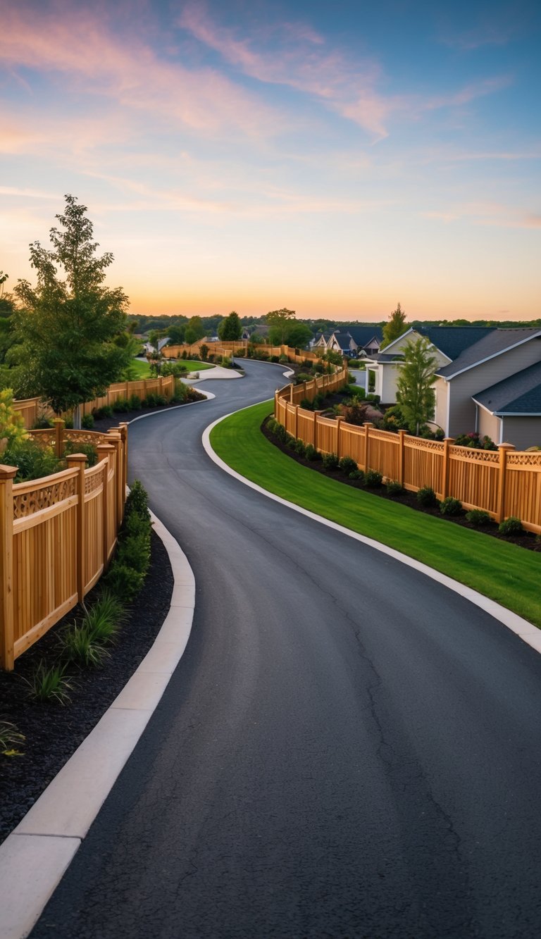 A winding driveway lined with decorative wooden fencing and various landscaping features