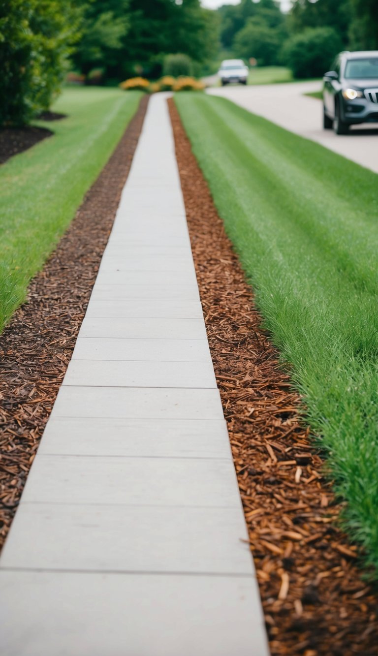 A long driveway lined with mulch beds, contrasting against the greenery